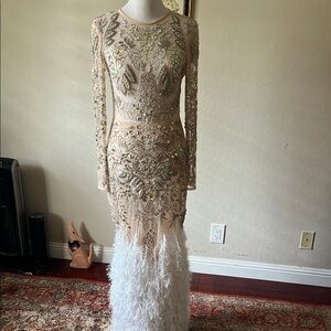 ASOS Champagne Beaded Long Sleeve Feather Gown